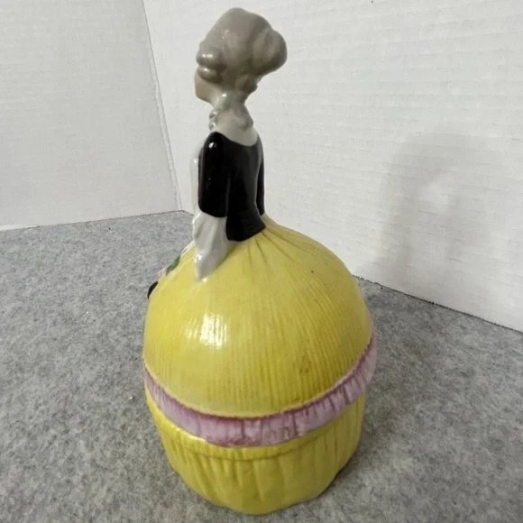 Vintage Half Doll Yellow Dress Powder Trinket Porcelain Box 3.5x6” No Flaws